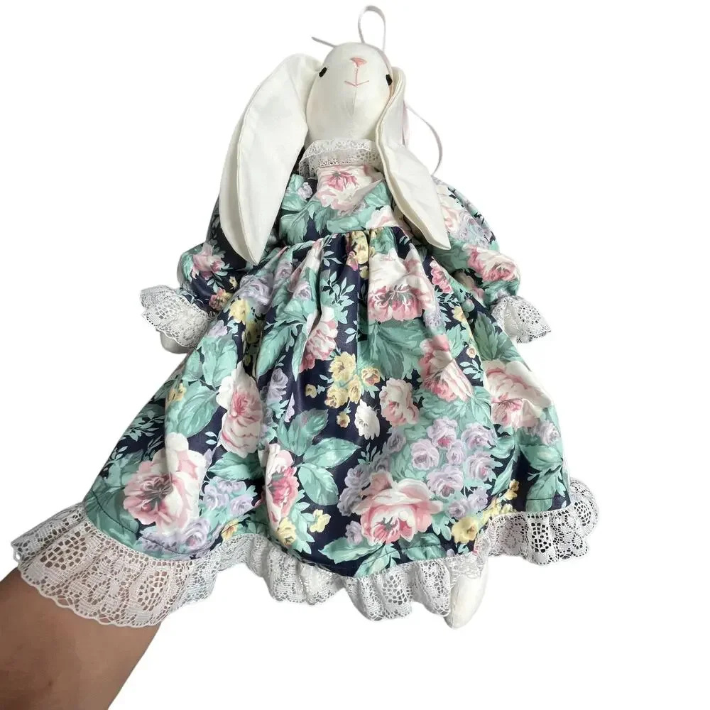Vintage Cloth Bunny Rabbit Doll Primitive Country Calico Floral Dress 80's 90's